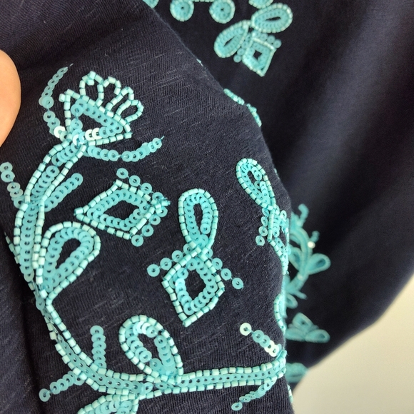 New Talbots Embellished Top cotton beaded navy blue turquoise tunic coastal 3X - Picture 8 of 16